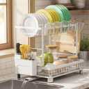 Multifunctional Dish Drying Rack - Rustproof, 2-Tier Dish Racks with Drainboard, Space-Saving Design, Utensil & Cup Holder for Kitchen Counter, White