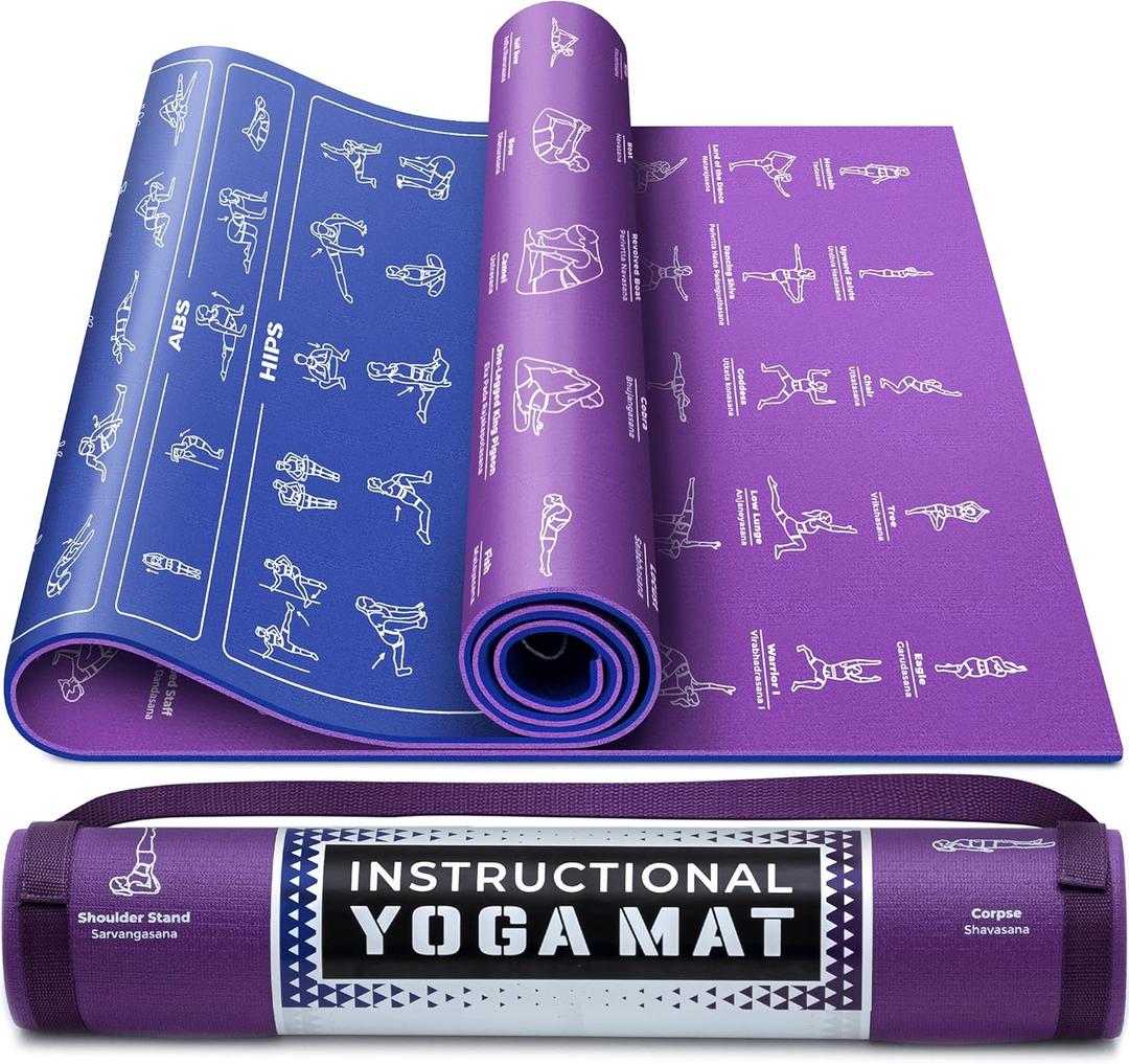 Instructional Yoga Mat with Carrying Strap: Cute Yoga Mat with 75 Illustrated Yoga Poses + 75 Easily-Followed Stretching Exercises - 1/4 Thick, Non-Toxic, Non-Slip Yoga Mats for Women and Men (Blue/Purple (68" x 24"))