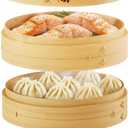 Prime Home Direct Bamboo Steamer Basket 8-Inch | 2-Tier Steamer for Cooking | 50 Liners | Small Instant Steaming Cookware Asian Food, Bao Buns, Chinese, Dim Sum, Dumpling, Rice, Vegetable Steam Pot