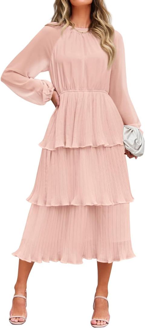 ZESICA Women's 2026 Long Sleeve Crew Neck Ruffle Tiered Layered Chiffon Flowy Swing Long Midi Dress (X-Large, Pink)