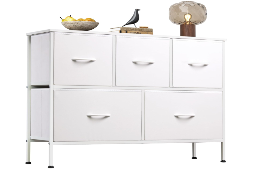 WLIVE 5 Drawer Dresser for Bedroom, Wide Chest of Drawers, White
5 roomy fabric drawers, Wide low-profile design, Bedroom or closet use, Sturdy steel frame, Smooth wood tabletop