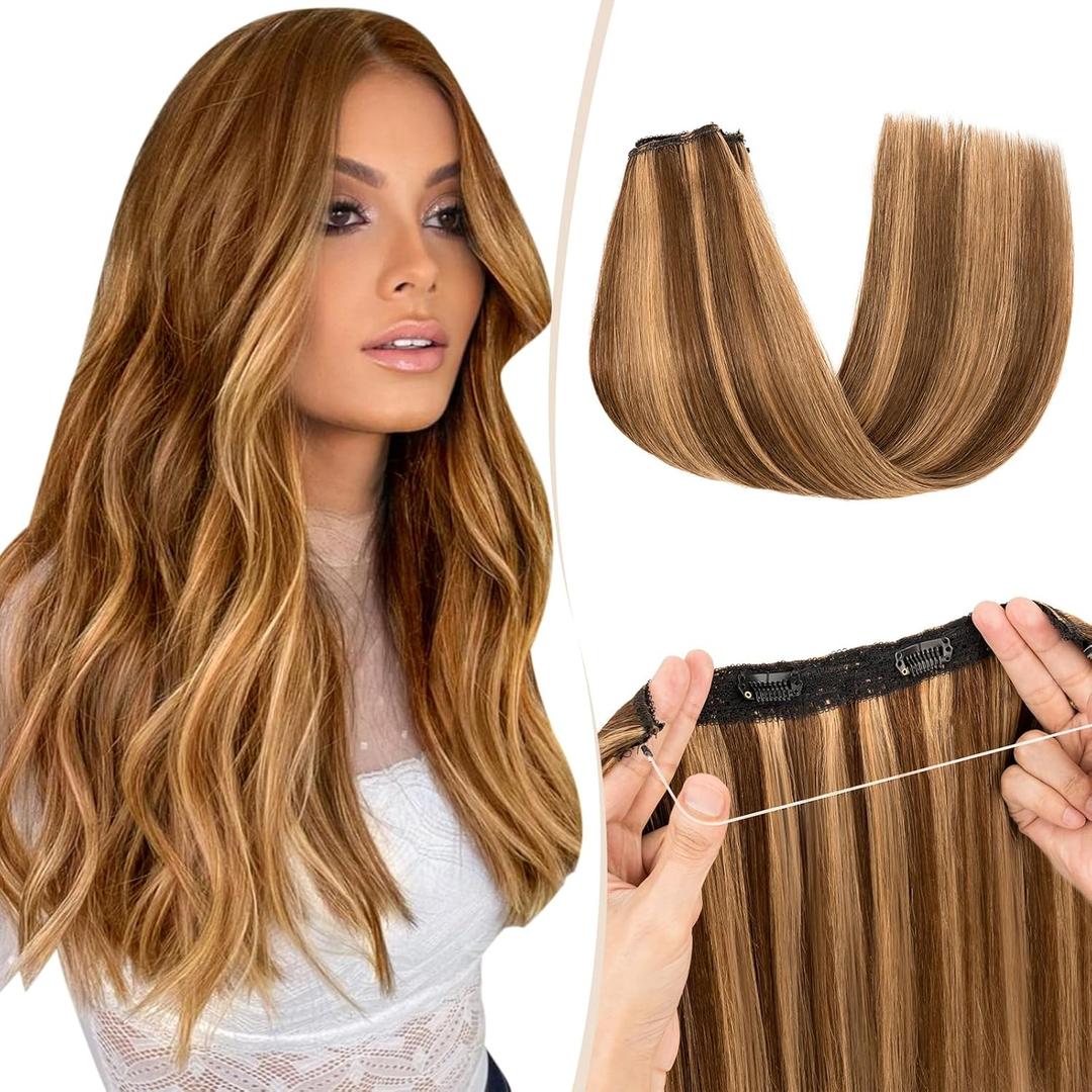 Benehair Halo Hair Extensions Real Human Hair 16 Inch Invisible Wire Hair Extensions with Fish Line Medium Brown Mixed Dark Blonde Halo Hair Extension 100% Human Hair Halo Extensions 65g #4&27