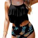 Womens Tankini Swimsuits Ruffled Tank Top Tummy Control Floral Modest Swimwear High Waisted Bikini, M