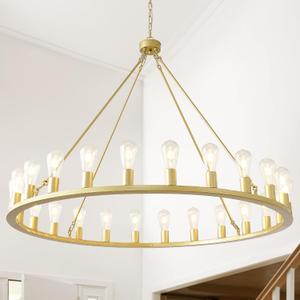 HHR 48-inch Gold Wagon Wheel Chandelier, 24-Light Round Farmhouse Foyer Chandelier, Dining Room Light Fixture for High Ceilings Living Room Porch