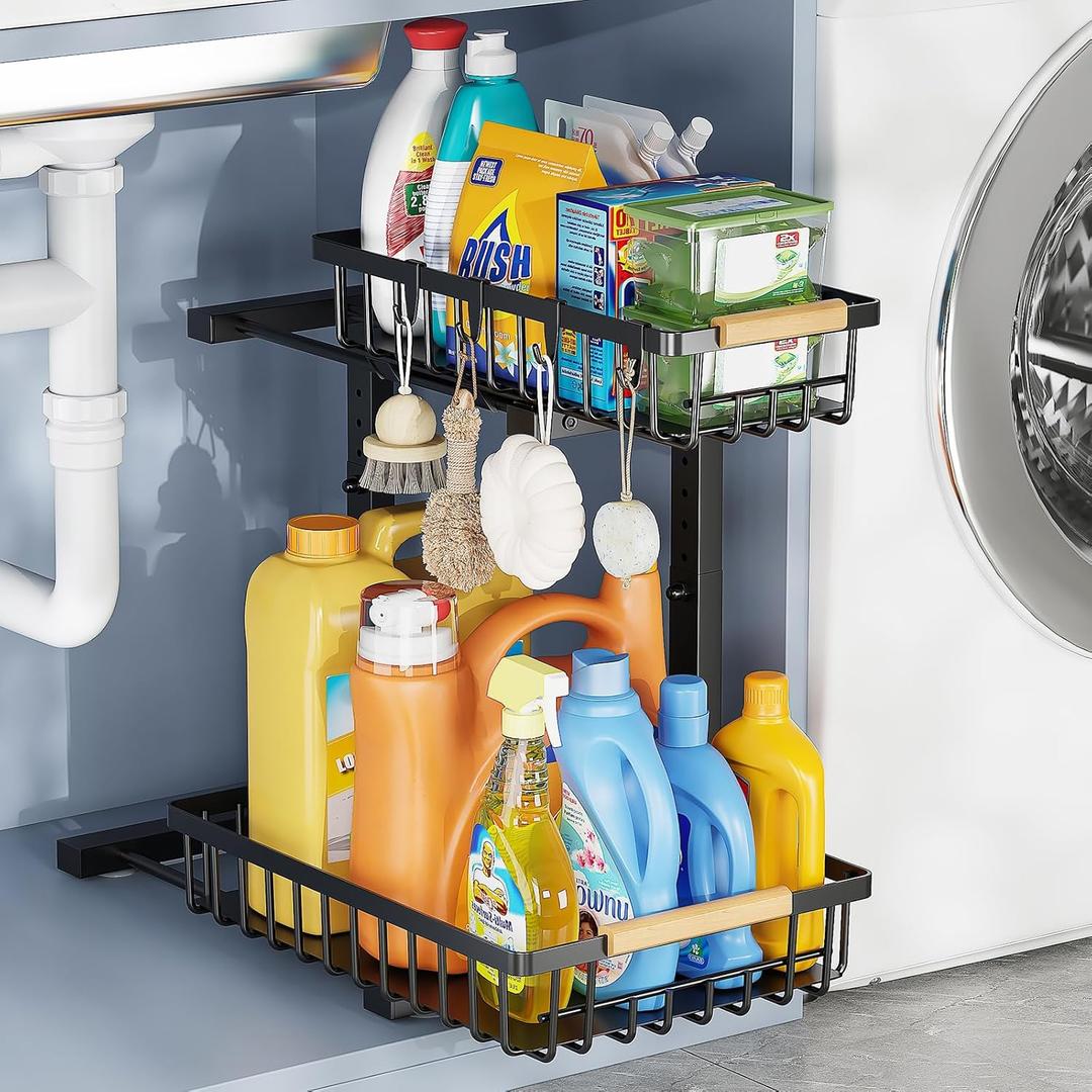 Under-sink organiser, 2 level pull-out design, height adjustable to suit items required, efficient storage for both kitchen and bathroom items
