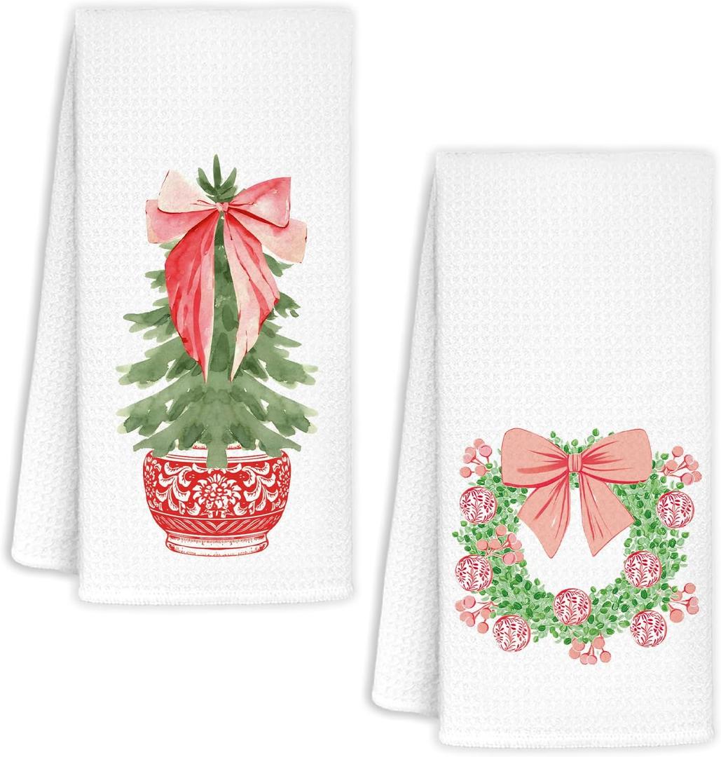 Christmas Chinoiserie Kitchen Towels Decor,Red Bow Coquette Christmas Tree Towels Gifts,Red Christmas Hand Towels for Bathroom Kitchen,Grandmillennial Decor, 16x24 Inches Set of 2