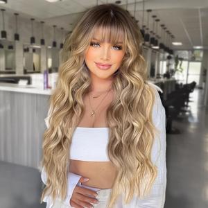 AISI HAIR Blonde Wig with Bangs Long Wavy Synthetic Wig for Women with Daily Party Use