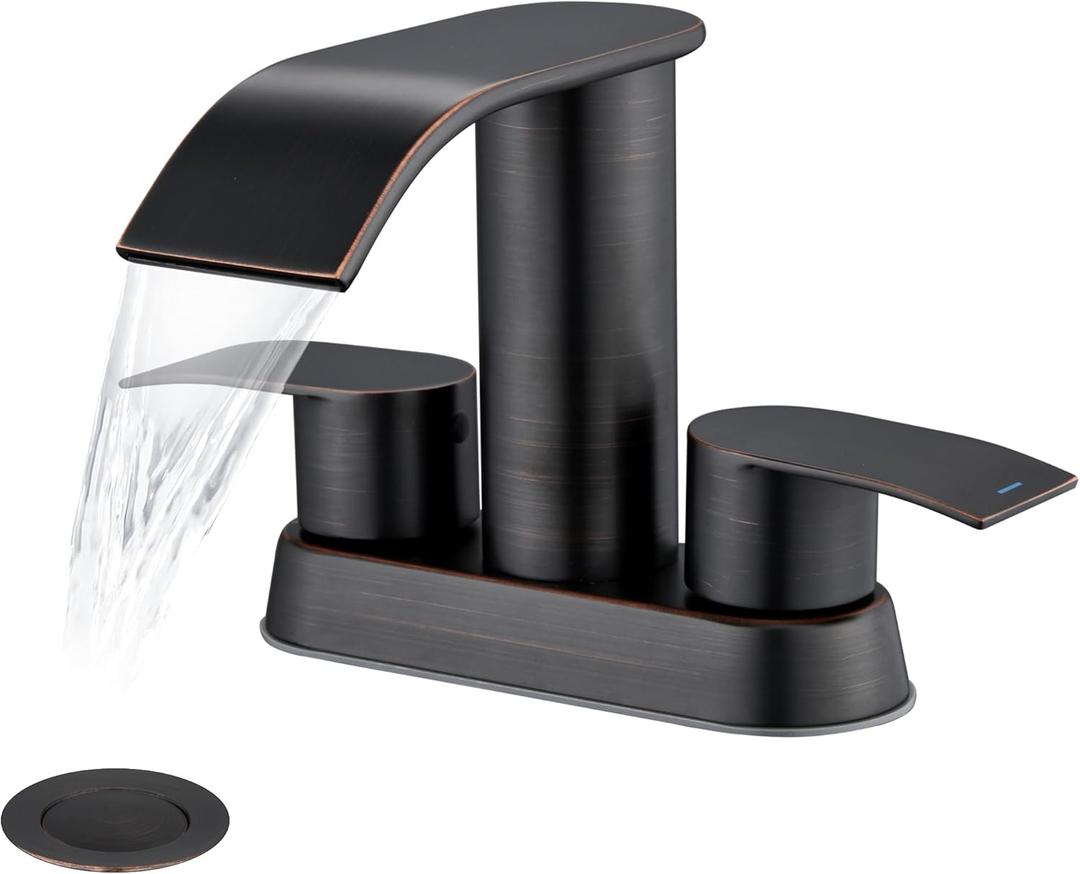 Ultimate Unicorn Bathroom Faucet for Sink Oil Rubbed Bronze, 4 Inch Bathroom Sink Faucet for 3 Hole or 2 Hole, 2 Handle Waterfall Faucets with Pop up Drain, Center set Faucets for RV Counter