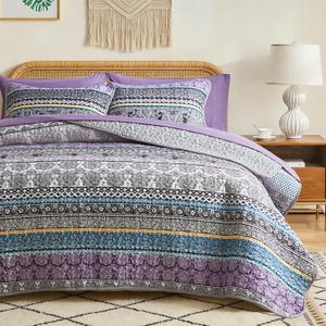 3 Pieces Colorful Boho Quilt Set Full Queen Size, Purple n Grey Bohemian Striped Printed Bedding Bedspread Coverlet Set for Summer, Soft Lightweight Microfiber Quilt with 2 Shams (88x88 inches)