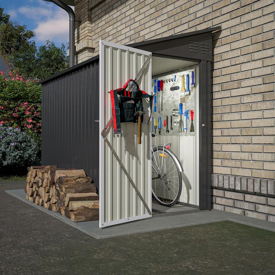 48 FT Outdoor Metal Storage Shed,Heavy-Duty Lean to Storage Shed with Floor Base,Garden Tool Metal Storage House W/Lockable Door and 2 Air Vents,Weather Resistant,for Backyard,Patio,Lawn,Black