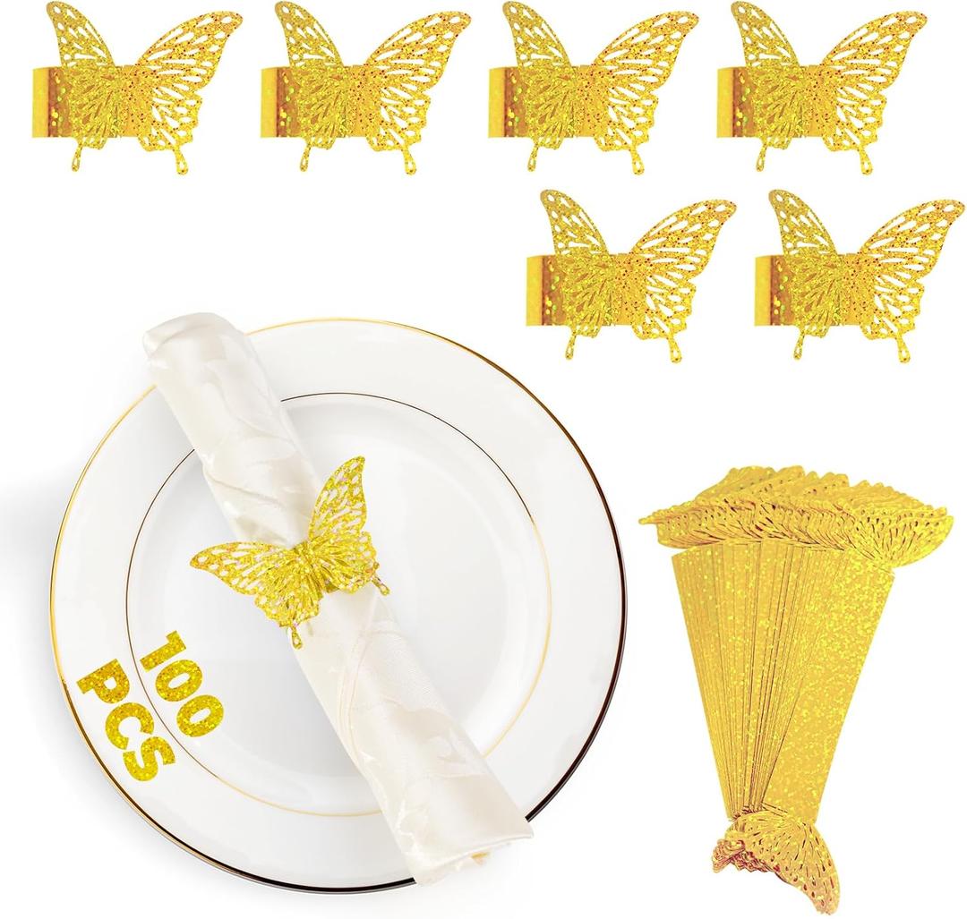 100 Pcs 3D Gold Butterfly Iridescent Napkin Rings Silverware Wraps Bands,Table Setup Sequined Wedding Valentines Day Event Party Supply Settings, Glossy Serviette Buckles Decoration(Gold)