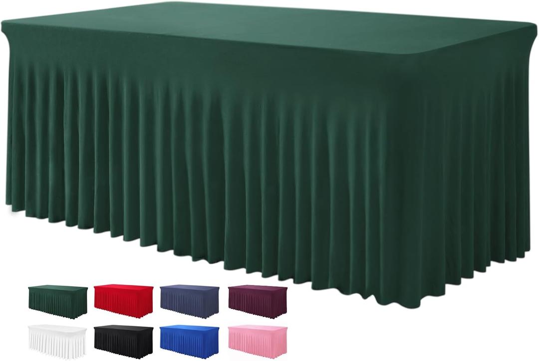 Table Skirt for 4 Foot Tables - One-Piece Hunter Green Tablecloths and Skirt, Wrinkle Resistant Ruffles Elastic Cover for Banquets, Weddings, Events, Parties