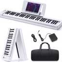 Donner 61-Key Folding Bluetooth Keyboard Piano for Beginners, Portable Piano Keyboard with Music Rest, Bag, Pedal, and App - White