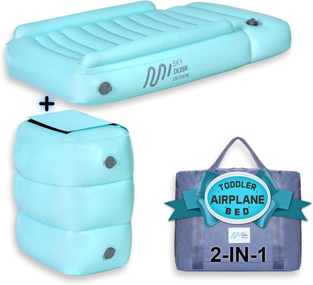 Inflatable Airplane Bed for Kids - Comfortable Toddler Plane Travel Set, Travel Bag - Footrest for Long Flights - Portable Blow Up Kid Bed with Air Pump