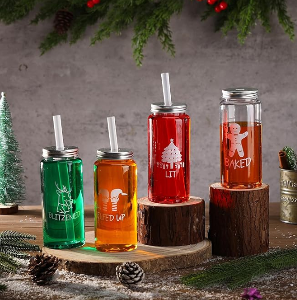 Roshtia 24 Pcs Christmas Cups Bulk 13.5 oz Funny Gingerbread Xmas Tree Reindeer Elf Plastic Jars with Lids and Straws Coffee Tea Hot Cocoa Beverage Tumbler Adults Drinking Cup for Xmas Party Fav