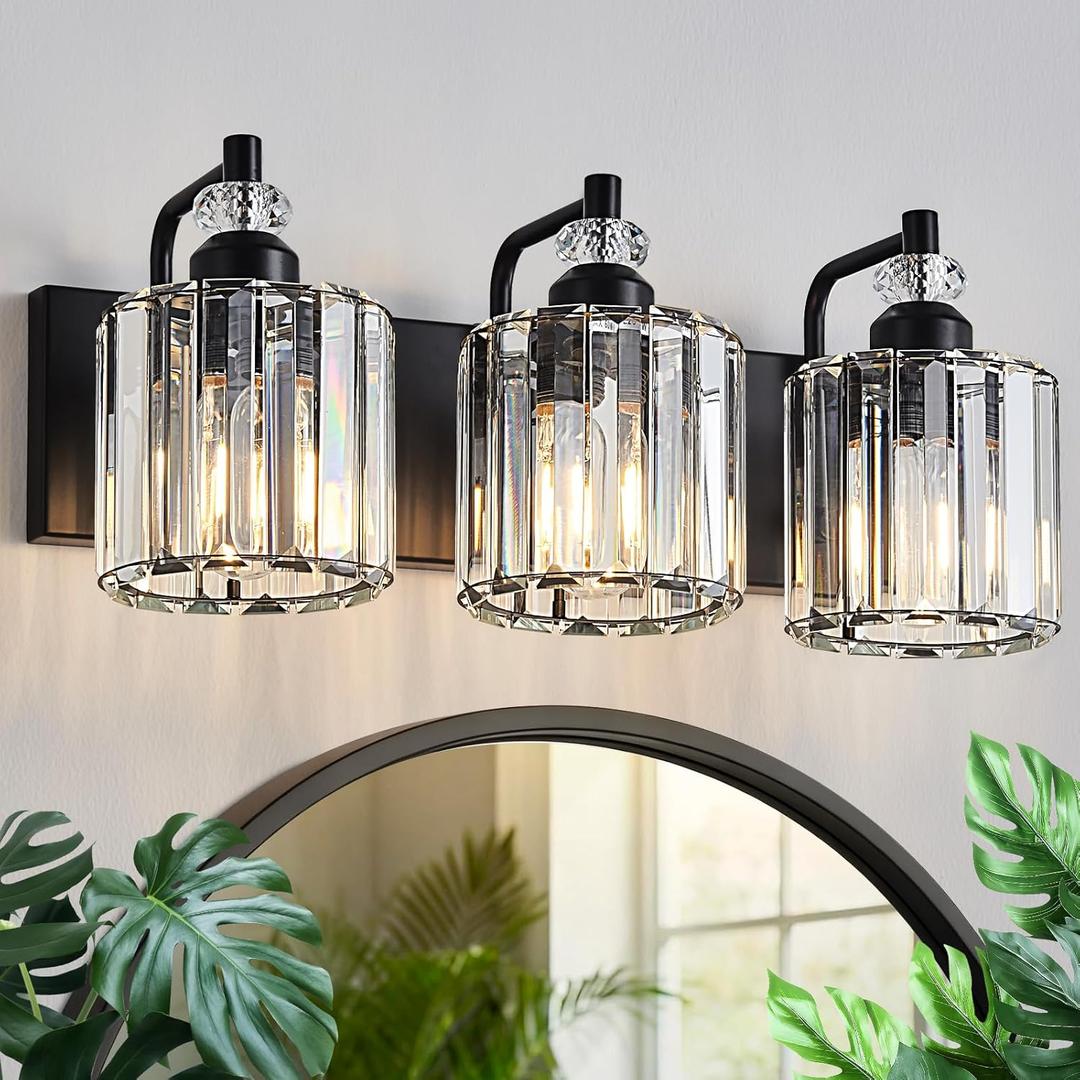 3-Light Black Bathroom Light Fixtures Over Mirror Modern Vanity Lights Crystal Wall Sconce Vintage Bathroom Lighting with Crystal Shade E26 Base for Bedroom, Living Room, Hallway, Black-A, 3-Lights