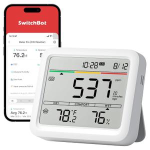 SwitchBot CO2 Detector, Air Quality Monitor Indoor, CO2 Monitor for CO2/TEMP/Humidity, Portable Carbon Dioxide Detector for Home/Car/Office/Greenhouse