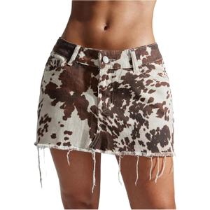 Floerns Women's Y2k Mini Denim Skirt Cow Print Low Waist Raw Hem Western Jean Skirt (Medium, Brown and White)