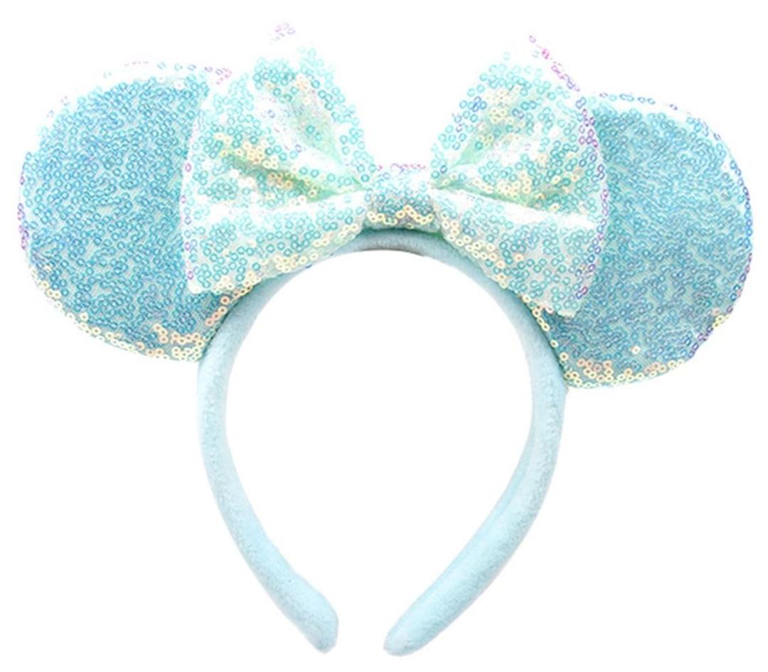Blue Mouse Ears Headbands With Bow & Sequins, for Cartoon Princess Costume Cosplay Decoration, Glitter Party for Women & Adult; FG1L (Soft Flannel Unisex)