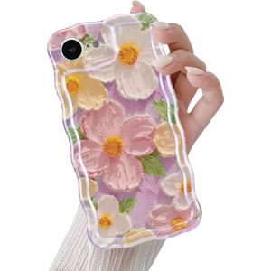QLTYPRI Case for iPhone 17e/16e, Laser Colorful Retro Oil Painting Flower Pattern Cute Curly Wave Border Exquisite Phone Case for Girls Women, Shockproof TPU Protective Phone Cover - Pink