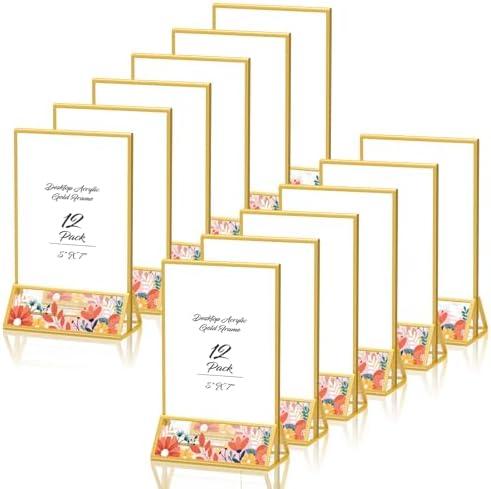 PPHSisy 5x7 Acrylic Sign Holder Gold Picture Frame Plastic Stands for Display Double Sided Clear Paper Holder Ideal for Table Top Wedding Sign Table Numbers Flyer Holder QR Code, 12 Packs