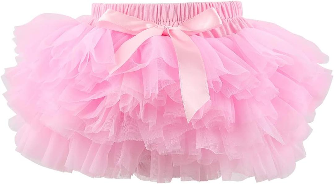 HOOLCHEAN Baby Girl Tutu Skirt Soft Fluffy 4-Layer Tulle Skort with Cotton Diaper Cover for Infant Toddler (6-12 Months, Pink)