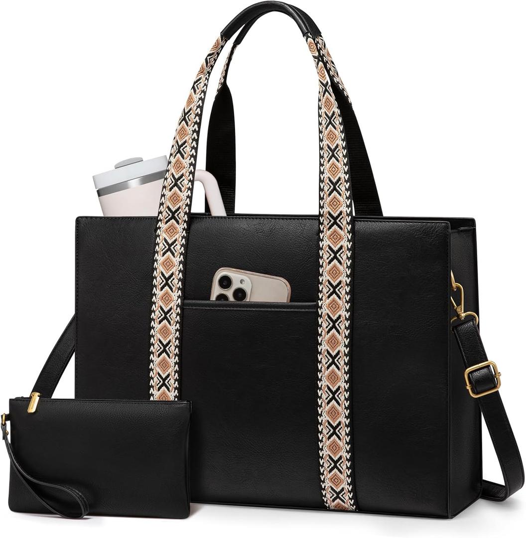 LOVEVOOK Laptop Tote Bag for Women,Vintage Work Bag,Waterproof Leather Computer Briefcase 2PCs,Office Gifts for Women Teacher (17.3 Inch)