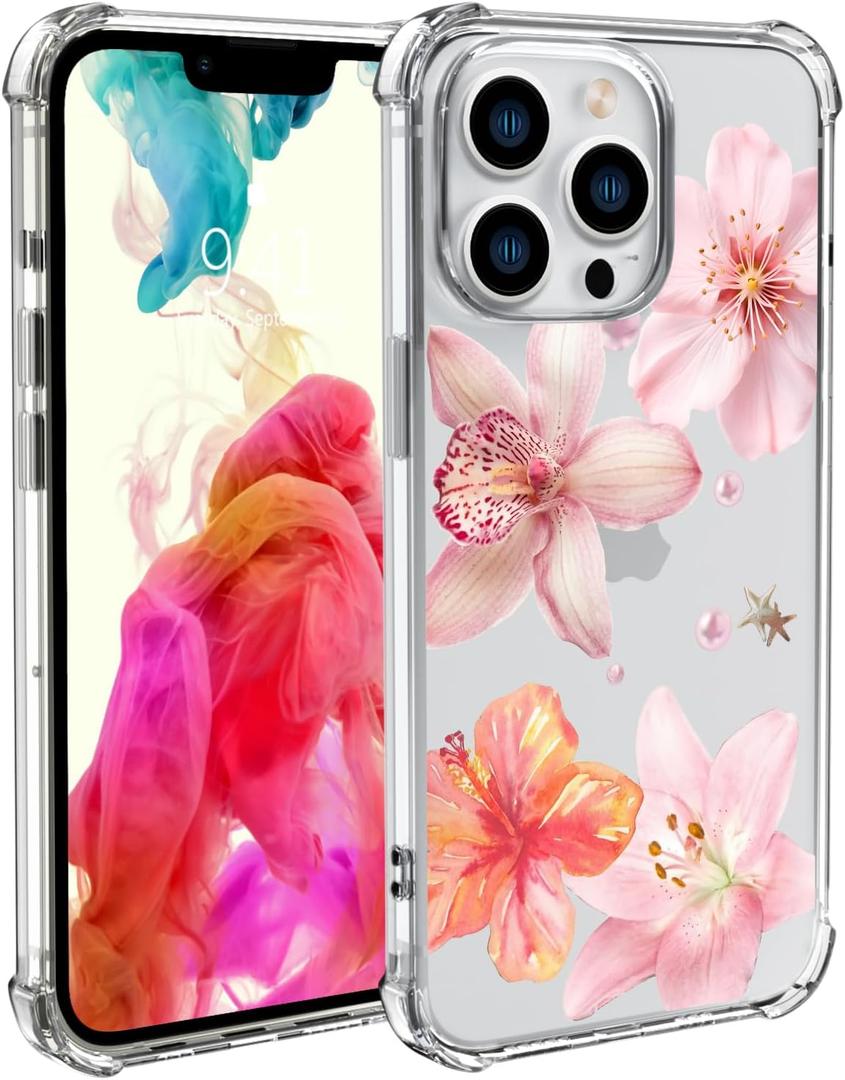 Pink Lily Flowers Phone Case for iPhone 16 PRO Pink Lily Case Cover Clear Phone Case Four Corner Reinforced Shockproof Girly Women Phone Cover Transparent Case