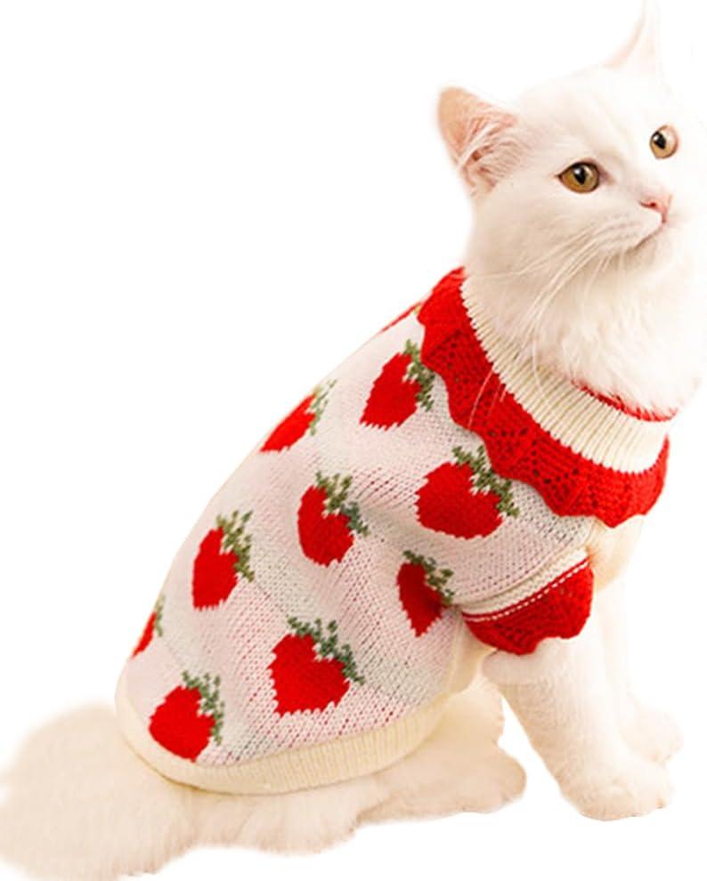 ANIAC Strawberry Turtleneck Cat Sweater Warm Knitted Small Dog Clothes for Girls Boys Autumn Winter Puppy Outfit Cold Weather Pet Knitwear for Chihuahua Yorkie Poodle (Red Strawberry, Large)