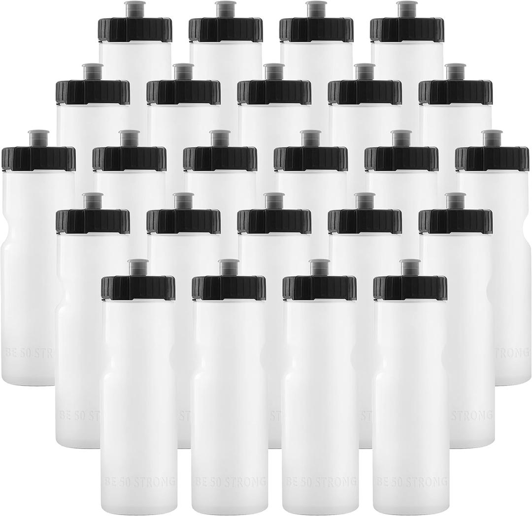 50 Strong Bulk Water Bottles | 24 Pack Sports Bottle | 22 oz. BPA-Free Easy Open with Pull Top Cap | Made in USA | Reusable Plastic Water Bottles for Adults & Kids | Top Rack Dishwasher Safe (Clear)