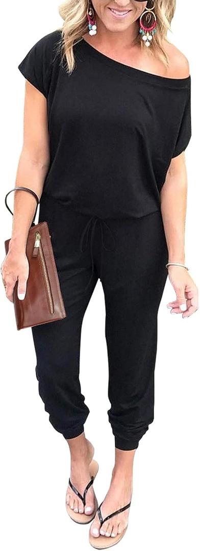 PRETTYGARDEN Jumpsuits for Women 2025 Summer Dressy Off Shoulder Romper Spring Vacation Travel Lounge Outfits Clothes (Medium, Black)