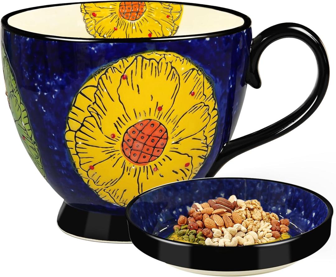 JUSONEY 18OZ Handpainted Ceramic Soup Bowls with Snack Serving Tray,with Vintage Floral Embossed Design Microwave Safe, Large Handle & Thick Base, Perfect for Cereals, Fruits,Soup,nut,Snack etc.(D)