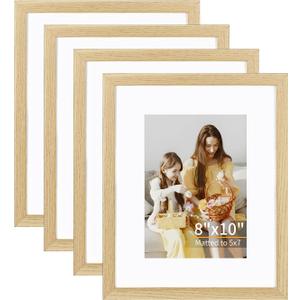 ATOBART 8x10 Picture Frame Set of 4, Displays 5x7 with Mat or 8x10 Without Mat, Photo Frames for Wall Hanging or Tabletop, Includes HD Plexiglass, Natural Wood Grain