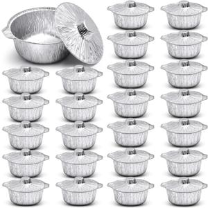 24 Disposable Aluminum Pot with Lid Round Foil Pans Disposable Cookware Food Container for Vacation Trips Camping Baking Heating Cooking (33.8 oz)