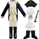 IKALI Kids George Washington Costume With Wig and Hat Accessories, Boys Children Hamilton American Colonial Day Outfit (10-12 Years, Blue)