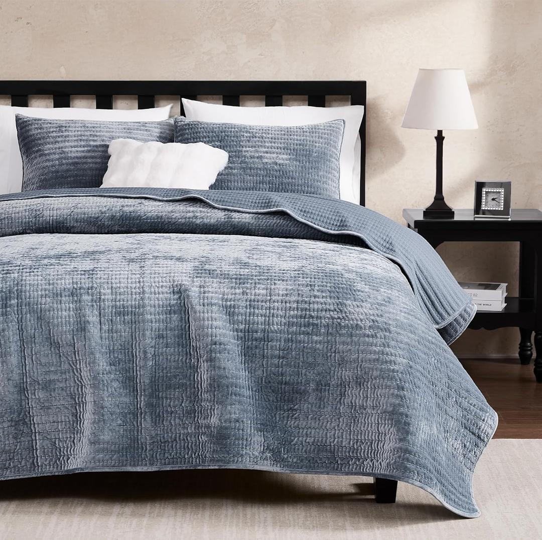 WDCOZY Velvet California Oversized Cal King Size Quilt Set - Blue Striped Pick Stitch Soft Lightweight Bedspread, Channel Farmhouse Country Rustic Coverlet, Modern Bedding Thin Comforter, 3 Pieces