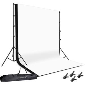 HYJ-INC Photo Background Support System with 8.5 x 10ft Backdrop Stand Kit, 100% Cotton Muslin Backdrop (White Black),Clamp, Carry Bag for Photography Video Studio