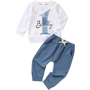 1st Birthday Clothes Outfit Boy Baby One Year Old Birthday Outfit Long Sleeve Shirt Pants Fall Winter Outfit Clothes (12-18 Months, Blue)