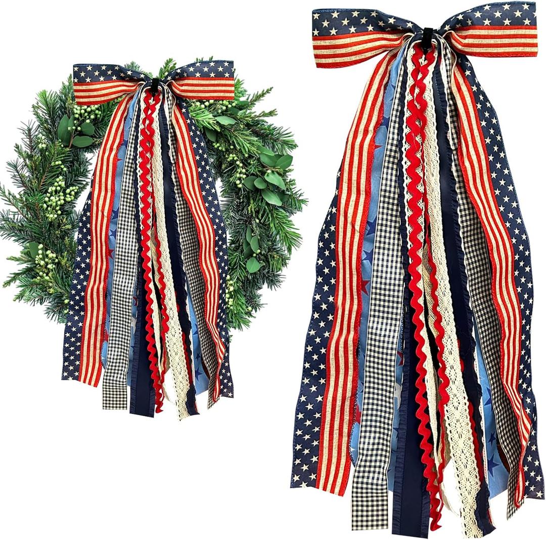 Large Patriotic Star Ribbons Bow for Wreath, Red White Buffalo Plaid Fabric Ribbons Set Assorted Lace Ribbon 4th of July Clip-On Wreath Sash Ribbon Bundle for Patriotic Indoor Outdoor Decor