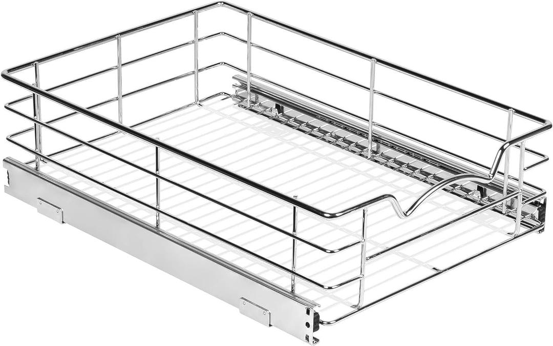 HOLDN STORAGE Heavy-Duty Premium Collection Pull Out Cabinet Organizer - Pantry Drawer Slide Out Caddy - Basket Size 14" W x 21" D x 5" H, Anti-Rust Chrome Finish