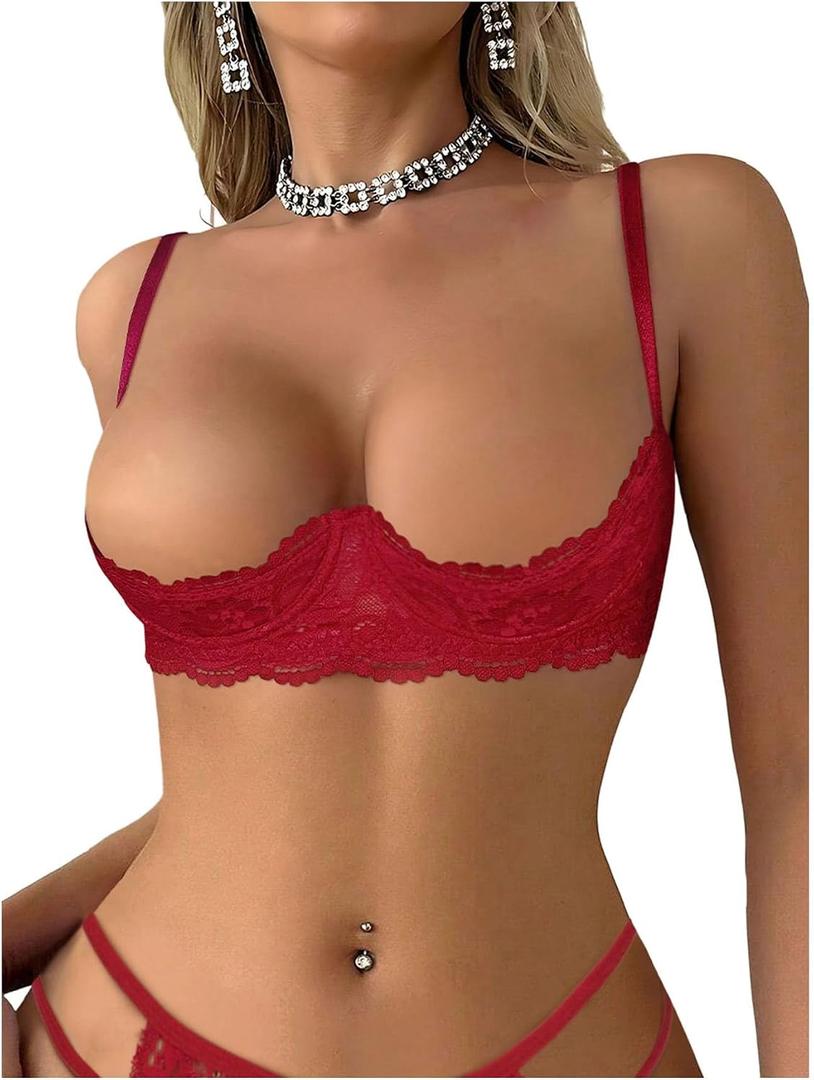 SOLY HUX Women's Sexy Lace Bra Lace Push Up Lingerie Naughty Bras Open Cup Sheer Shelf Corset Tops Nightwear 1/4 Cups, L