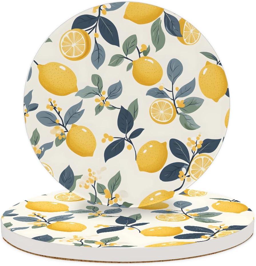 2 x 1 Piece Lemon Coasters for Drinks Absorbing Round Ceramic Stone Coaster with Cork Base Tabletop Protection Mat for Mugs and Cups,Kitchen