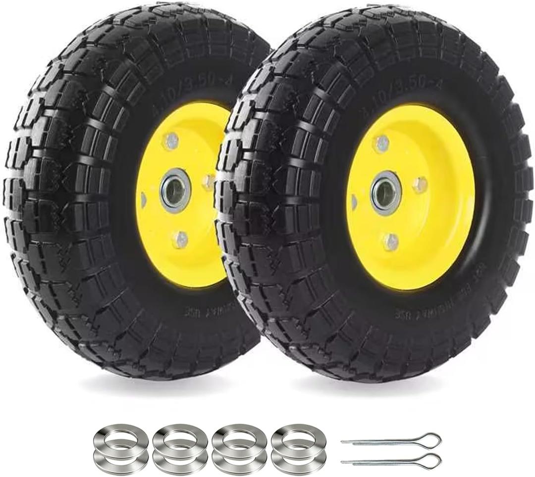 (2-Pack) 10-Inch Solid Tire Wheels - Replacement 4.10/3.50-4" Flat Free Tires and Wheels with 5/8" Axle Bore Hole Bearings, 2.17" Offset Hub -Perfect for Hand Truck, Wheelbarrow, Gorilla Carts