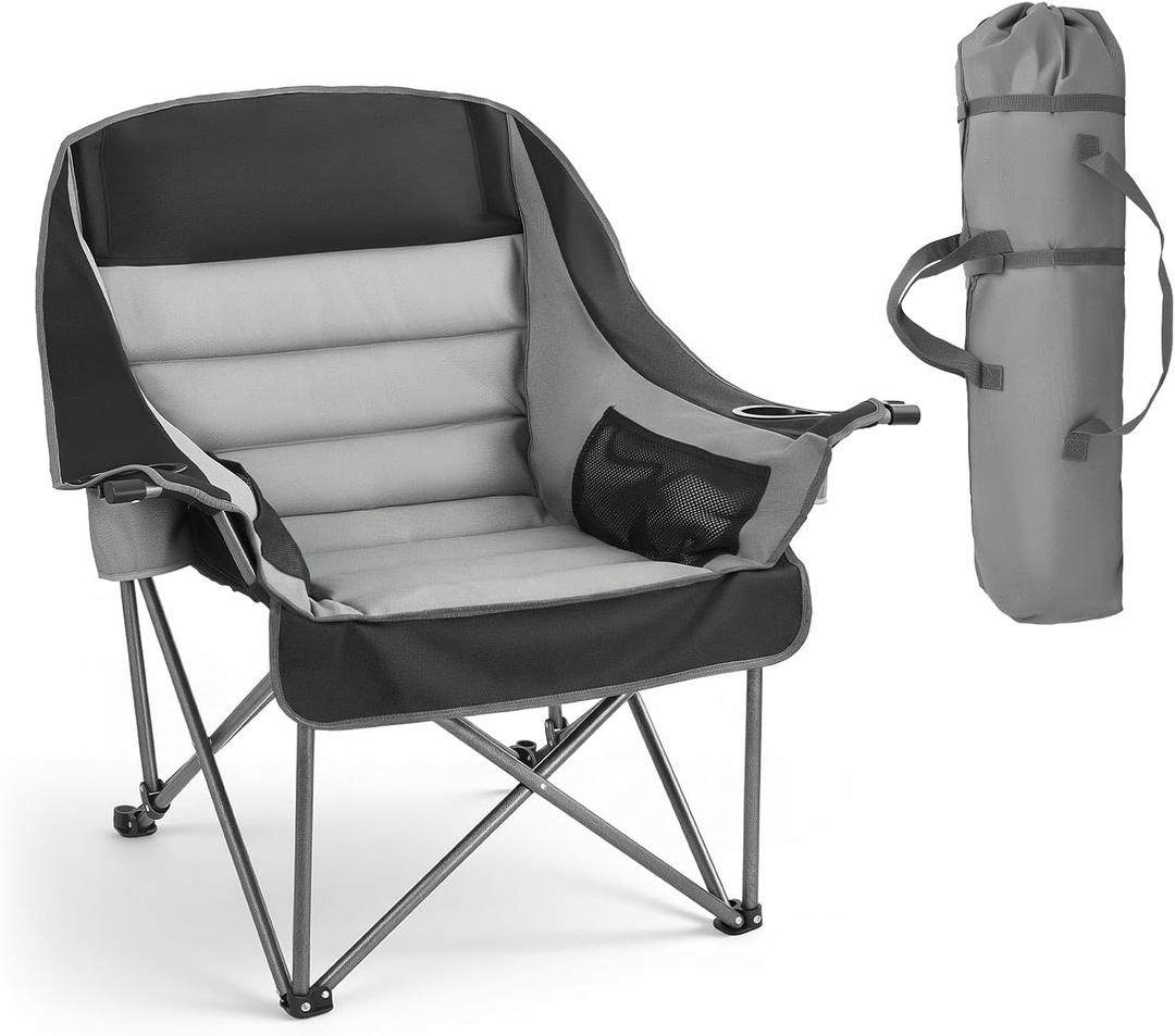 VEVOR Oversized Camping Chairs, 450 lbs Heavy Duty Support, Portable Padded Folding Camp Chairs with Dual Cup Holders & Wine Glass Holders, Carry Bag for Outdoor, Fishing, Black & Gray, 1 Pack, 39.4 x 27.6 x 38.5 in / 1000 x 700 x 975 mm