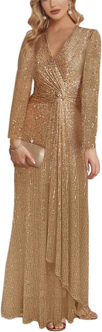 Women's Sexy Sequin Dress Sparkly Glitter V Neck Long Sleeves Bodycon Dress Club Cocktail Party Dress, XL