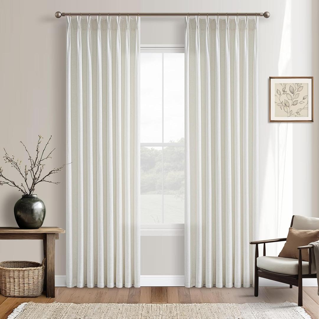 Pinch Pleated Linen Curtains 86 Inch Length 2 Panels Set for Living Room Rustic Farmhouse Beige White Viral Elegant Boho Neutral Semi Sheer Bedroom Curtain Light Filtering Privacy Thick Drapes