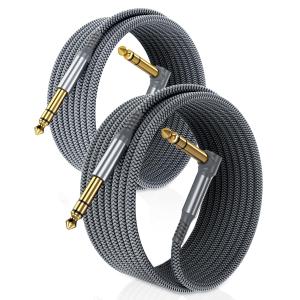 RUXELY 6.35mm TRS Instrument Cable 6.6FT 2-Pack,Right Angle 1/4 Inch Male Jack Stereo Audio Cord,6.35 Balanced Line Lead for Electric Guitar,Bass,Keyboard,Mixer,Amplifier/AMP,Speaker,Equalizer (Gray)