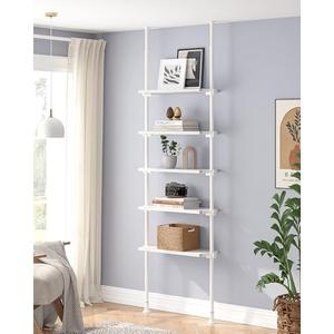 ALLZONE 5 Tiers Narrow Bookshelf, Tall Adjustable Ladder Book Shelf with Open Storage, Floor to Ceiling Tension Mount, Wooden Industrial Bookcase for Living Room, 92 to 116 Inch, White