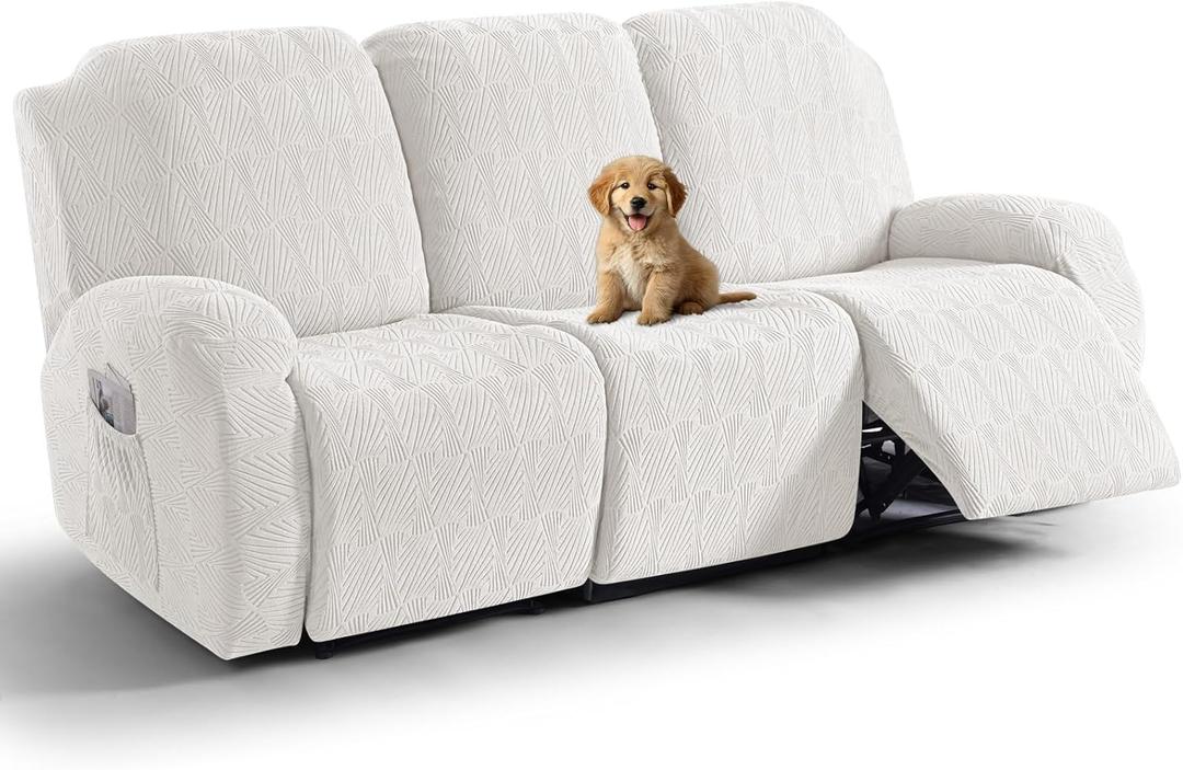 VANSOFY Recliner Couch Cover, 8-Pieces Stretch Recliner Sofa Cover Soft Jacquard Reclining Slipcover Furniture Protector with Elastic Bottom for Kid, Pets(3 Seat,Porcelain White)