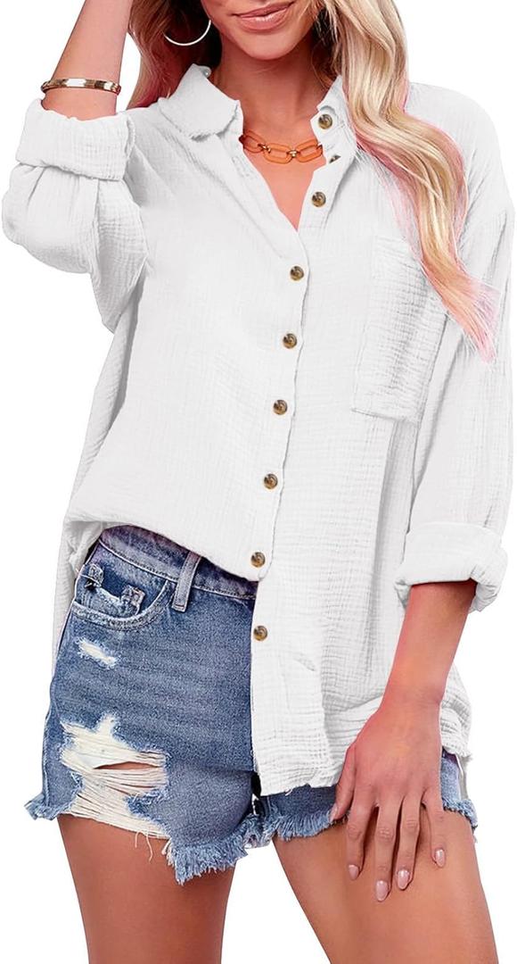 siliteelon Womens Button Down Shirts Cotton Long Sleeve Oversized Boyfriend Blouses Collared Dress Tops with Pockets (Small, All White)